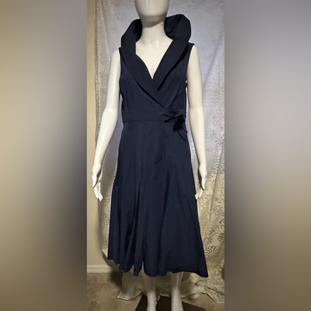 Finley Navy Blue Wrap-Style Midi Dress Sculpted Collar sleeveless Classic